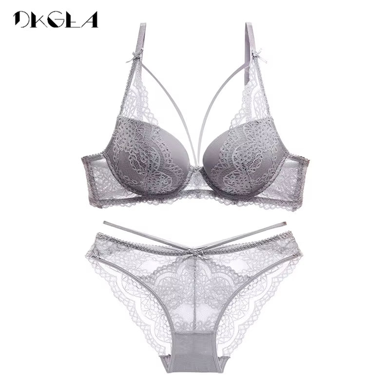 New Green Underwear Set Women Bra Push up Brassiere Cotton Thick Black Gather Sexy Bra Panties Sets Embroidery Lace Lingerie Set