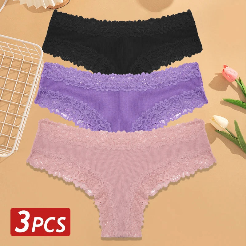3-Pack Cotton Lace Brazilian Panties – Soft Low-Rise Everyday Comfort