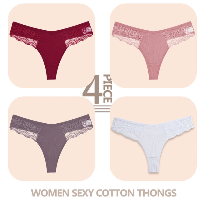 4-Pack Cotton Lace Thongs – Breathable V-Waist Comfort for Everyday Wear