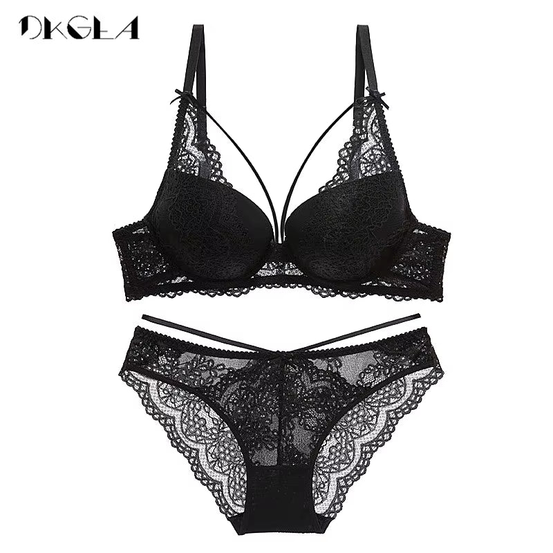 New Green Underwear Set Women Bra Push up Brassiere Cotton Thick Black Gather Sexy Bra Panties Sets Embroidery Lace Lingerie Set