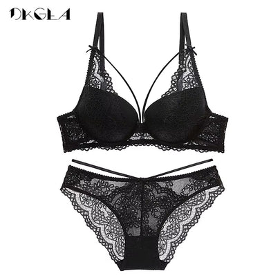 New Green Underwear Set Women Bra Push up Brassiere Cotton Thick Black Gather Sexy Bra Panties Sets Embroidery Lace Lingerie Set