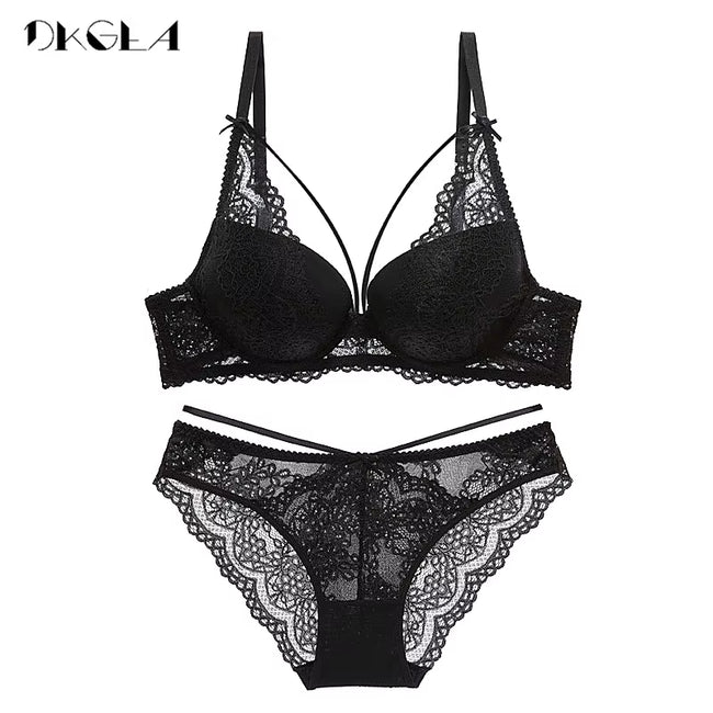 New Green Underwear Set Women Bra Push up Brassiere Cotton Thick Black Gather Sexy Bra Panties Sets Embroidery Lace Lingerie Set