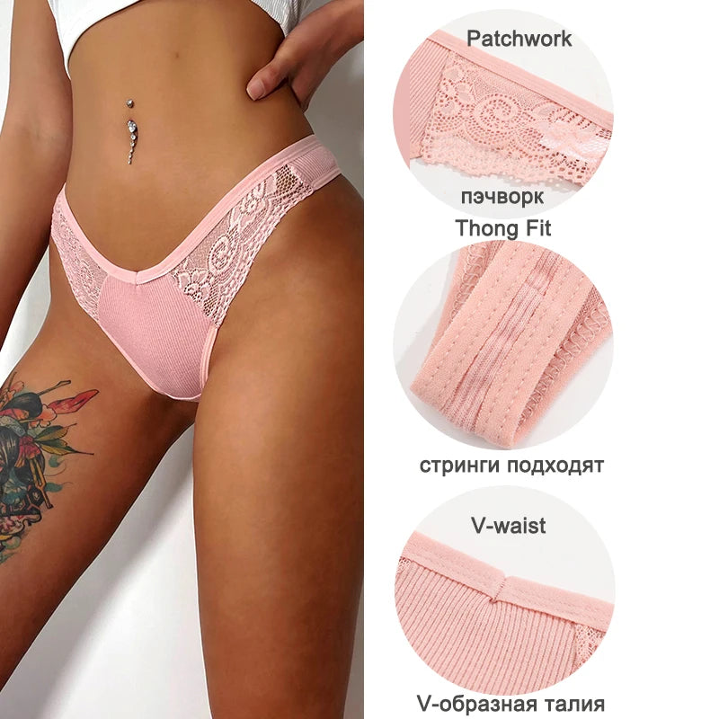 4-Pack Cotton Lace Thongs – Breathable V-Waist Comfort for Everyday Wear