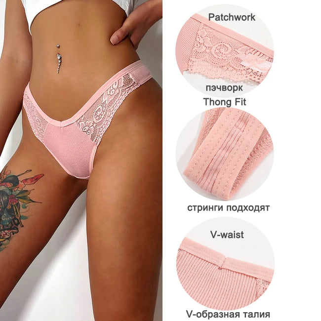 4-Pack Cotton Lace Thongs – Breathable V-Waist Comfort for Everyday Wear