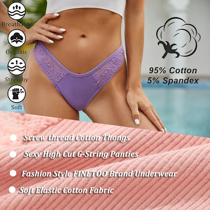 4-Pack Cotton Lace Thongs – Breathable V-Waist Comfort for Everyday Wear