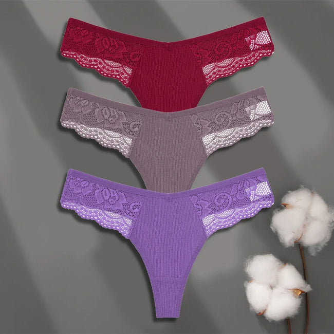 3-Pack Cotton Lace Thongs – Premium Comfort & Feminine Style