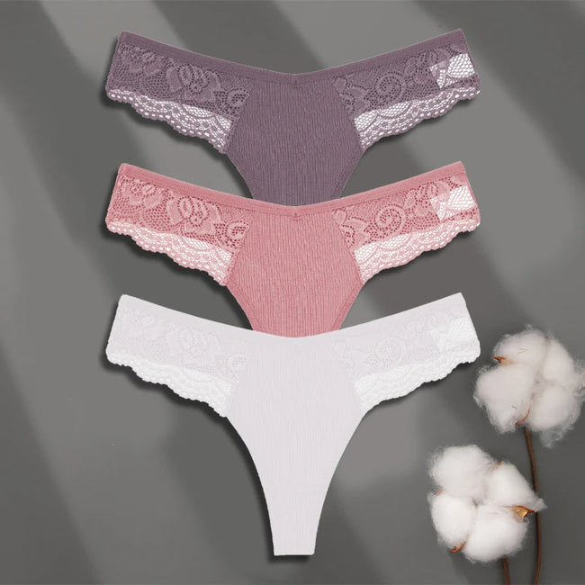 3-Pack Cotton Lace Thongs – Premium Comfort & Feminine Style