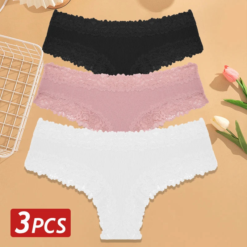 3-Pack Cotton Lace Brazilian Panties – Soft Low-Rise Everyday Comfort