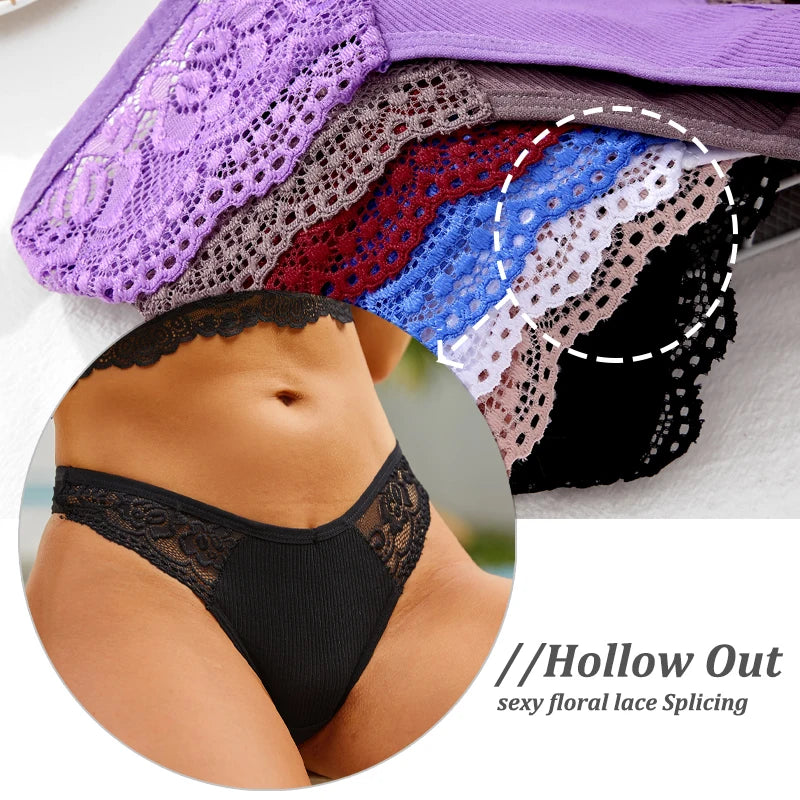4-Pack Cotton Lace Thongs – Breathable V-Waist Comfort for Everyday Wear