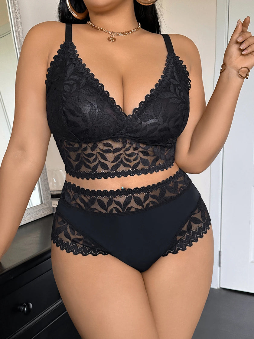 Lace Women'S Sexy Lingerie Set Soft Floral Wireless Unlined Bra Hollow Out Spliced Women'S Panties