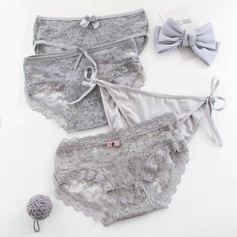 4Pieces/Lot Women Panties Cotton Sexy Lace Underpants Black White Gray 3Colors Bow-Knot Briefs Girls Soft Knickers