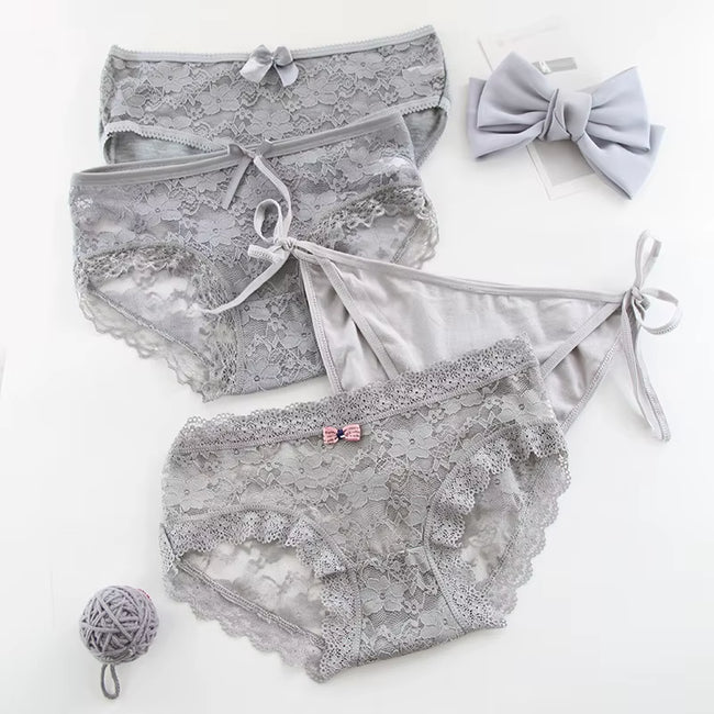 4Pieces/Lot Women Panties Cotton Sexy Lace Underpants Black White Gray 3Colors Bow-Knot Briefs Girls Soft Knickers