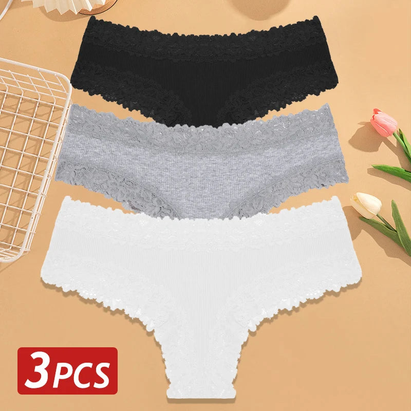 3-Pack Cotton Lace Brazilian Panties – Soft Low-Rise Everyday Comfort