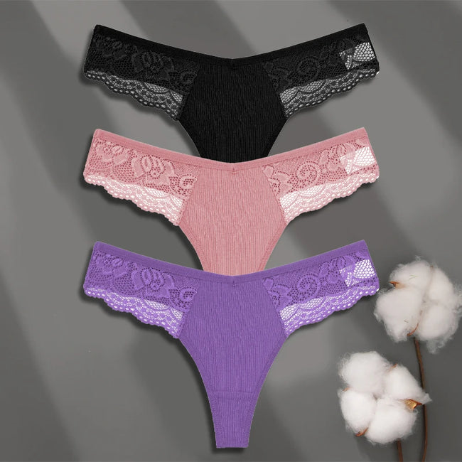 3-Pack Cotton Lace Thongs – Premium Comfort & Feminine Style