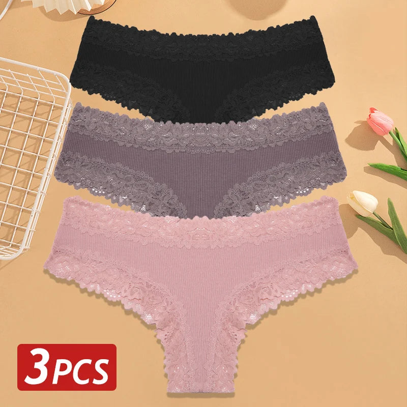 3-Pack Cotton Lace Brazilian Panties – Soft Low-Rise Everyday Comfort