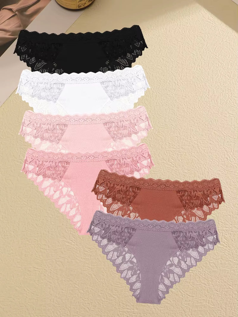 6Pcs/Set Lace Seamless Panties Patchwork Hollow Out Underwear for Women Sexy Breathable Solid Briefs Soft Silk Lingerie