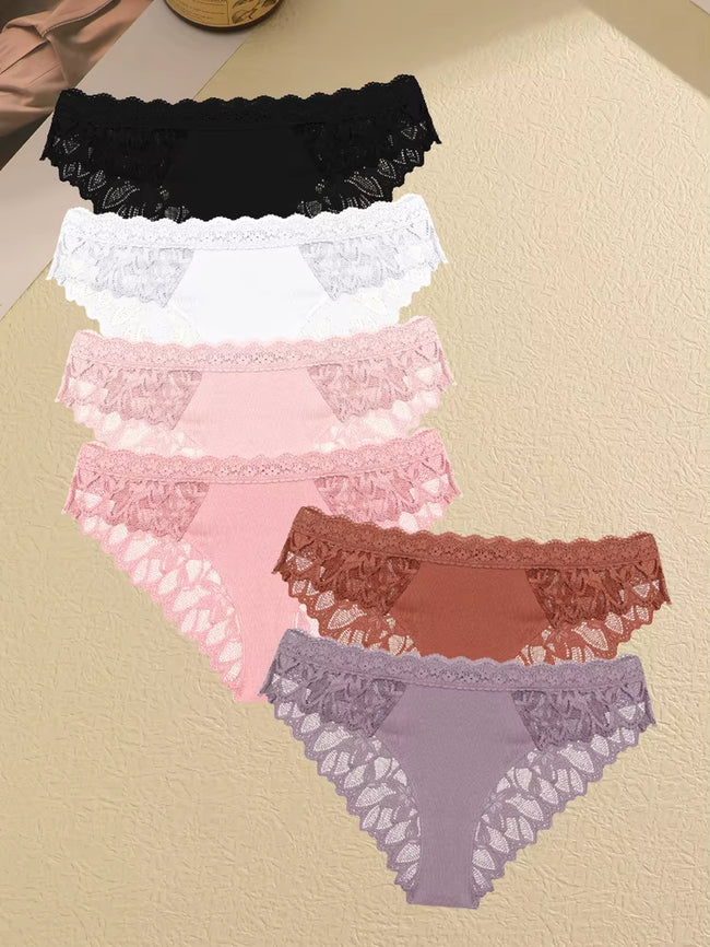 6Pcs/Set Lace Seamless Panties Patchwork Hollow Out Underwear for Women Sexy Breathable Solid Briefs Soft Silk Lingerie
