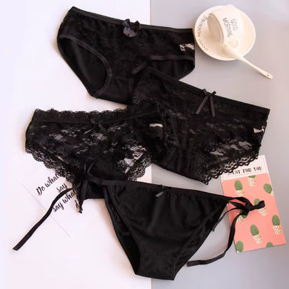 4Pieces/Lot Women Panties Cotton Sexy Lace Underpants Black White Gray 3Colors Bow-Knot Briefs Girls Soft Knickers