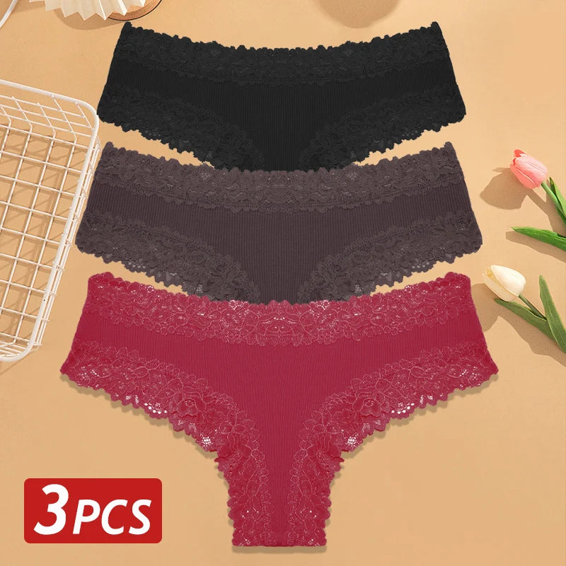 3-Pack Cotton Lace Brazilian Panties – Soft Low-Rise Everyday Comfort