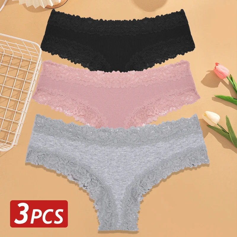 3-Pack Cotton Lace Brazilian Panties – Soft Low-Rise Everyday Comfort