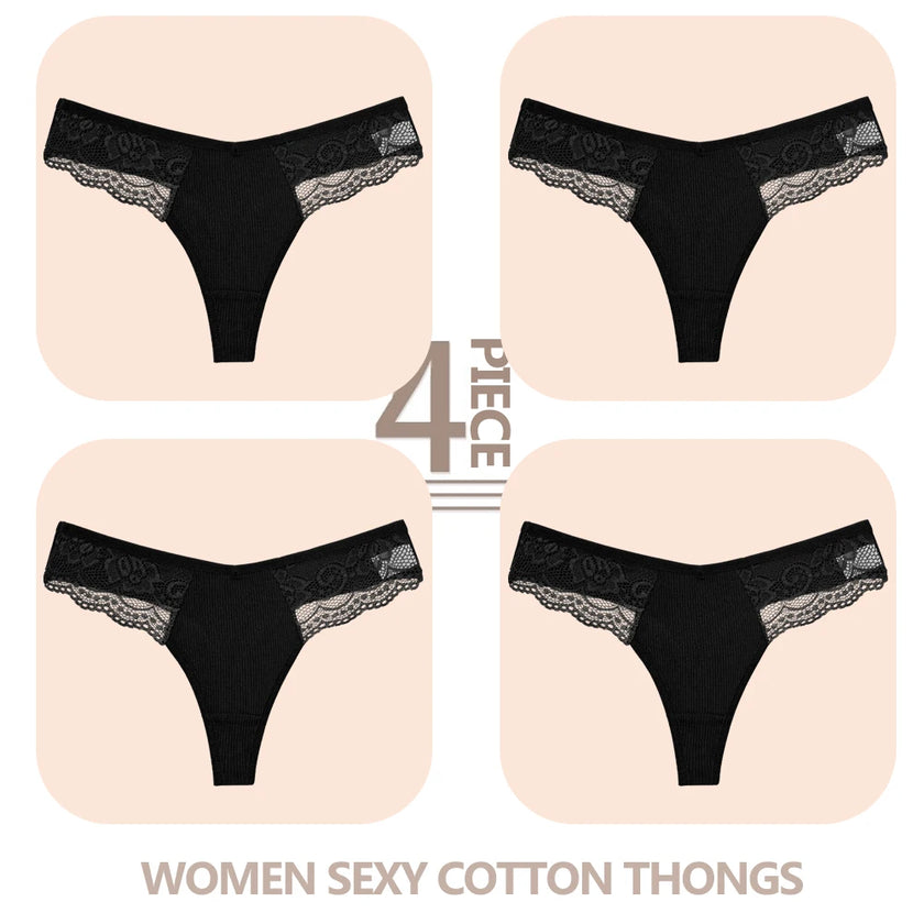 4-Pack Cotton Lace Thongs – Breathable V-Waist Comfort for Everyday Wear