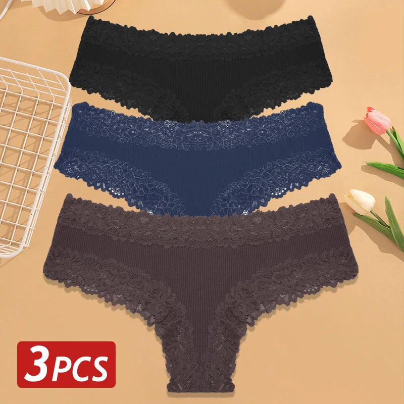 3-Pack Cotton Lace Brazilian Panties – Soft Low-Rise Everyday Comfort