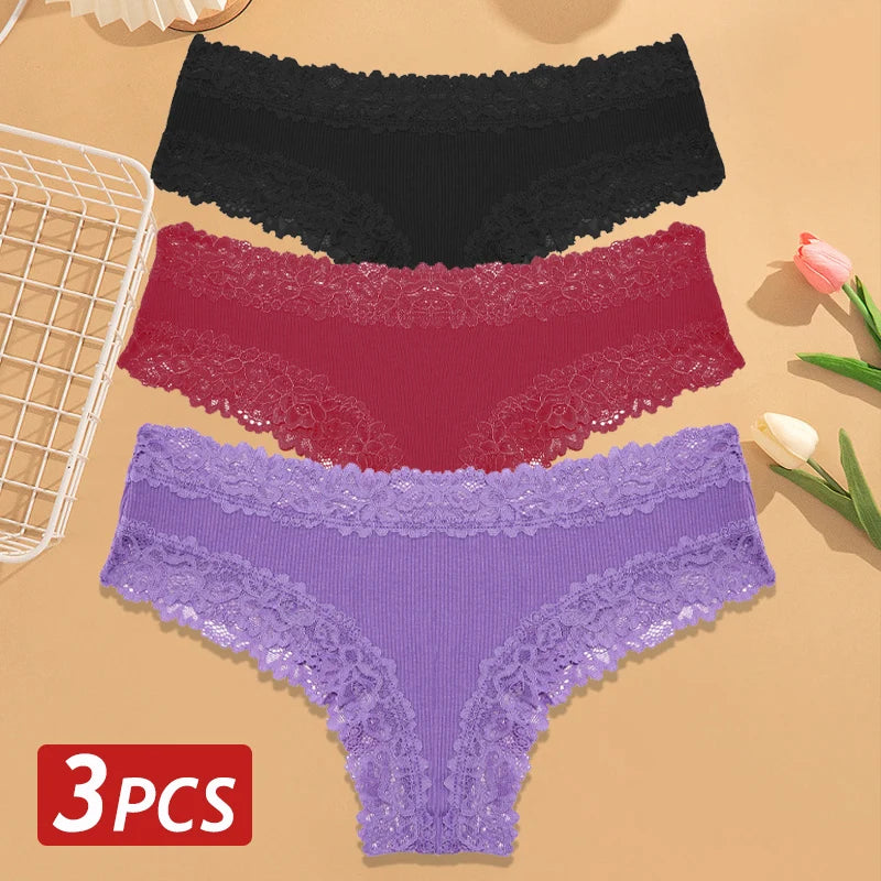 3-Pack Cotton Lace Brazilian Panties – Soft Low-Rise Everyday Comfort