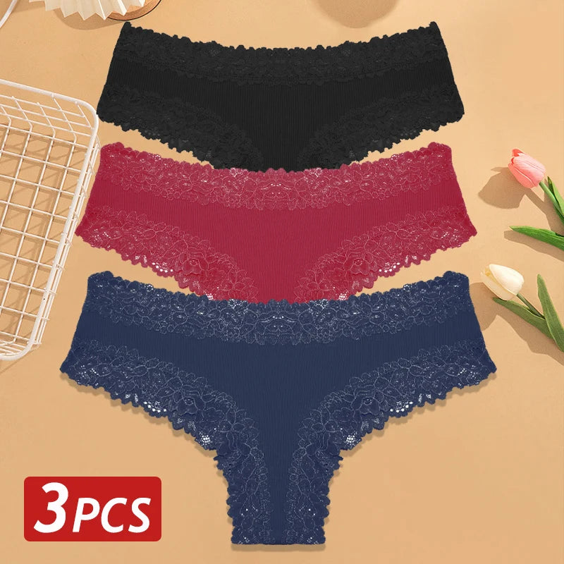 3-Pack Cotton Lace Brazilian Panties – Soft Low-Rise Everyday Comfort