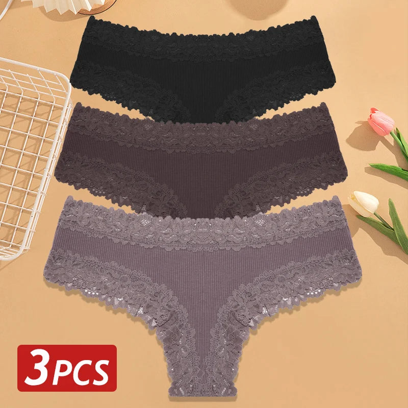 3-Pack Cotton Lace Brazilian Panties – Soft Low-Rise Everyday Comfort