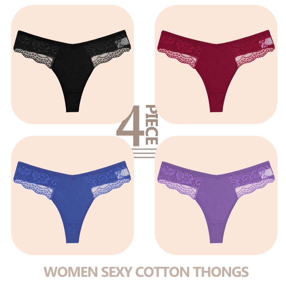 4-Pack Cotton Lace Thongs – Breathable V-Waist Comfort for Everyday Wear