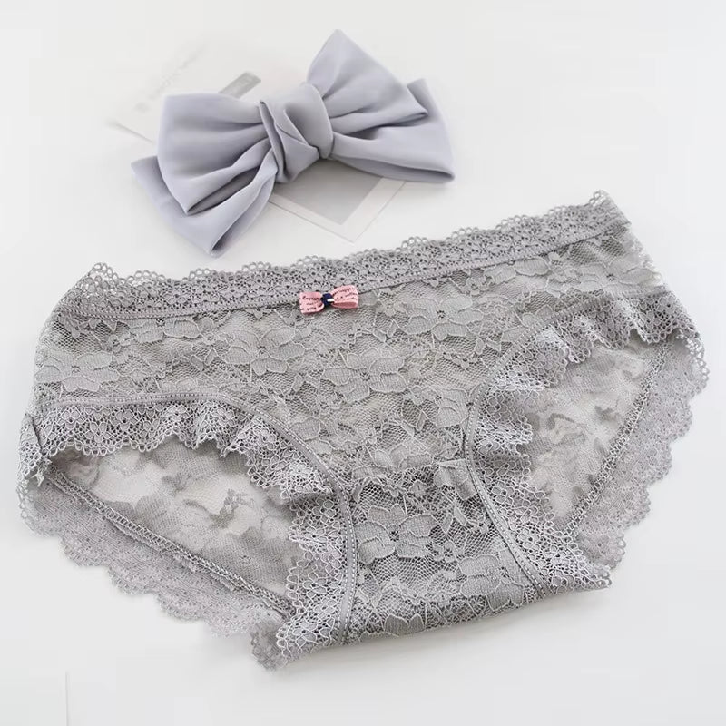 4Pieces/Lot Women Panties Cotton Sexy Lace Underpants Black White Gray 3Colors Bow-Knot Briefs Girls Soft Knickers