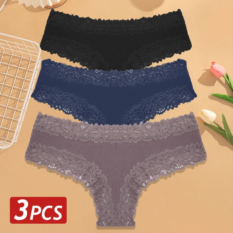 3-Pack Cotton Lace Brazilian Panties – Soft Low-Rise Everyday Comfort