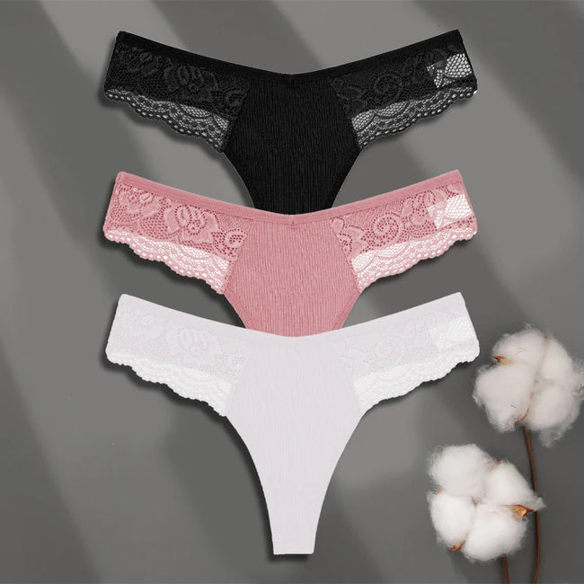 3-Pack Cotton Lace Thongs – Premium Comfort & Feminine Style