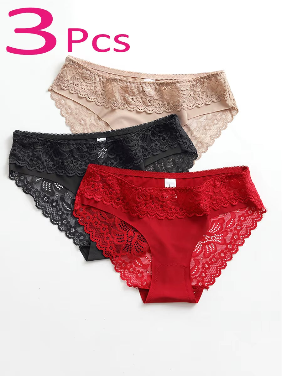 3-Pack Women'S Lace Stitching Briefs, Ice Silk Comfortable and Breathable Ladies' Panties, Sexy Women'S Underwear