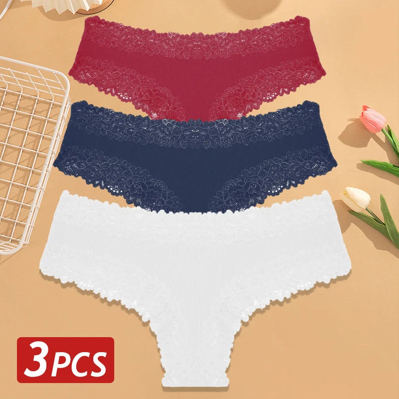 3-Pack Cotton Lace Brazilian Panties – Soft Low-Rise Everyday Comfort