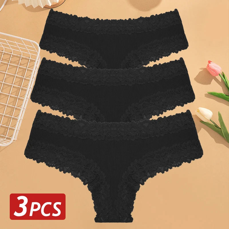 3-Pack Cotton Lace Brazilian Panties – Soft Low-Rise Everyday Comfort