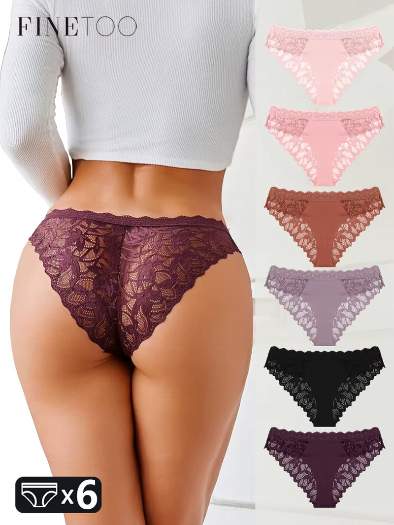 6Pcs/Set Lace Seamless Panties Patchwork Hollow Out Underwear for Women Sexy Breathable Solid Briefs Soft Silk Lingerie