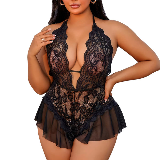 1XL-4XL Curve Sexy Crotchless Lingerie Women Lace Hollow Bra Set Transparent Deep V Sexy Underwear Sets Erotic plus Size Costume