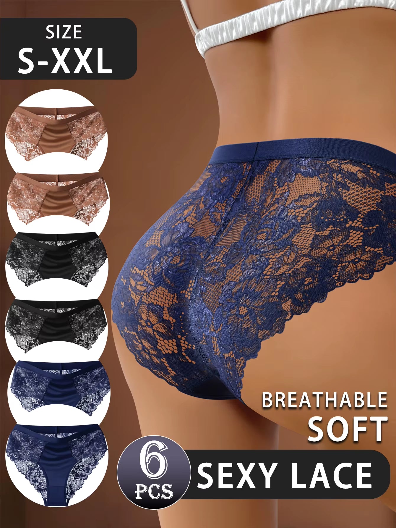 6Pcs/Set Women'S Briefs Women'S Underwear Set-Women'S Breathable Sexy Mid-Waist Floral Lace Hollow Comfortable Invisible Bra