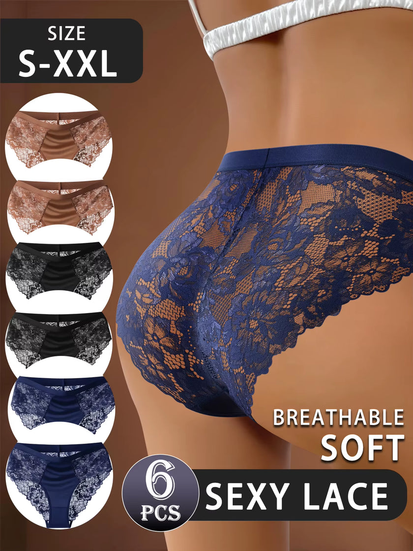 6Pcs/Set Women'S Briefs Women'S Underwear Set-Women'S Breathable Sexy Mid-Waist Floral Lace Hollow Comfortable Invisible Bra