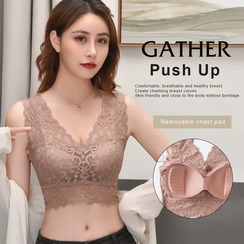 Breathable Female Vest Sexy Lace Bra Beauty Back Women Wire Free Push up Bralette Underwear Seamless Wireless Gather Brassiere