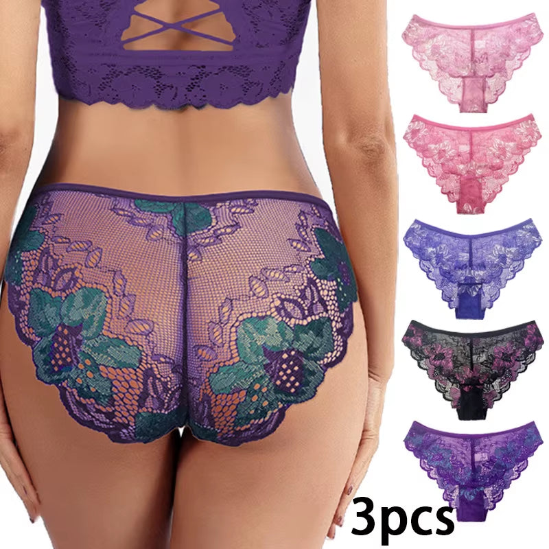 3Pcs Women Panties Girls Sexy Lace Underpant plus Size Pretty Underwear Female Seamless Low Waist Breathable Briefs Female Panty