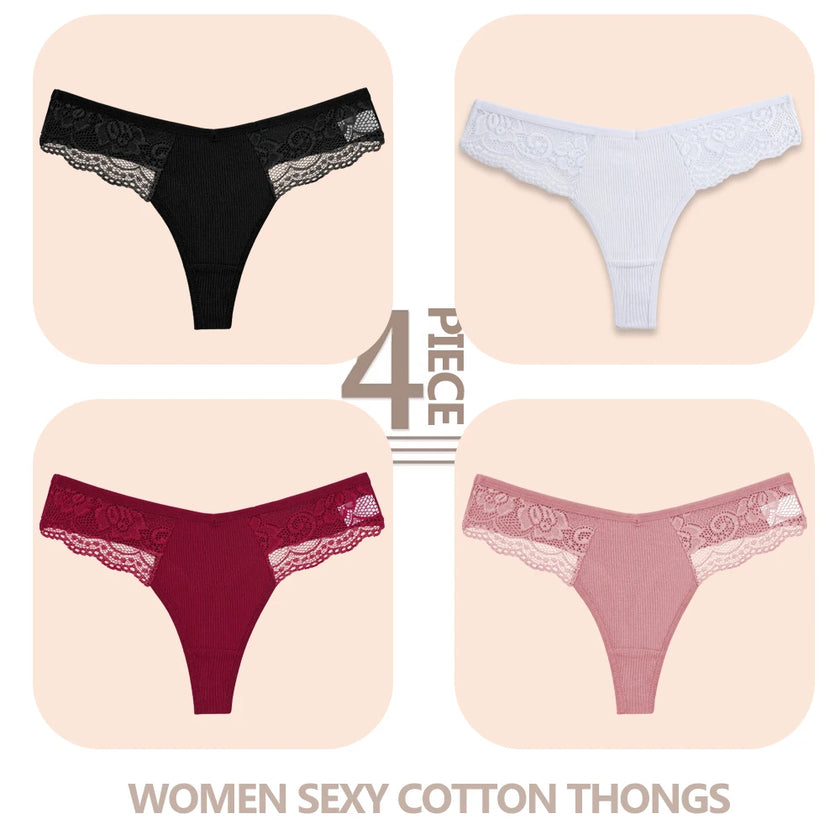 4-Pack Cotton Lace Thongs – Breathable V-Waist Comfort for Everyday Wear
