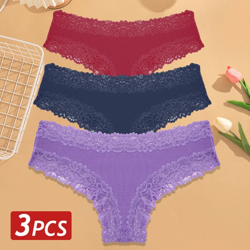 3-Pack Cotton Lace Brazilian Panties – Soft Low-Rise Everyday Comfort