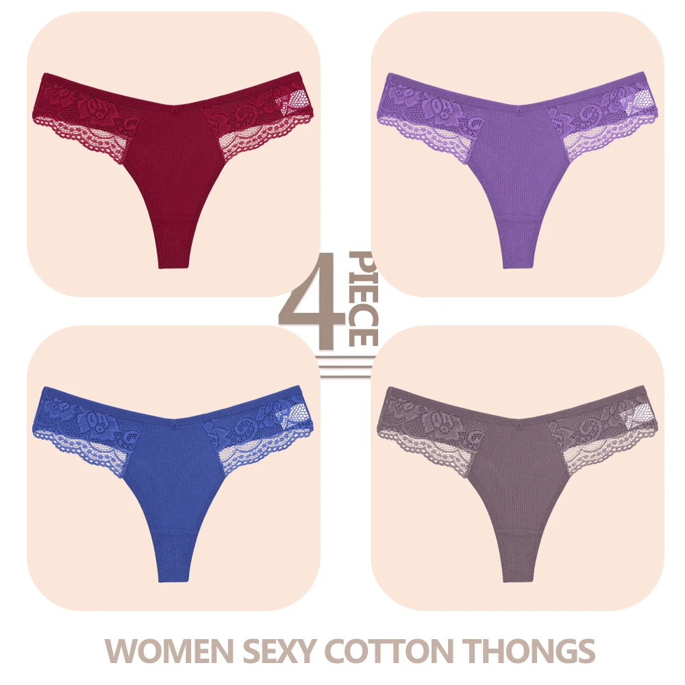 4-Pack Cotton Lace Thongs – Breathable V-Waist Comfort for Everyday Wear