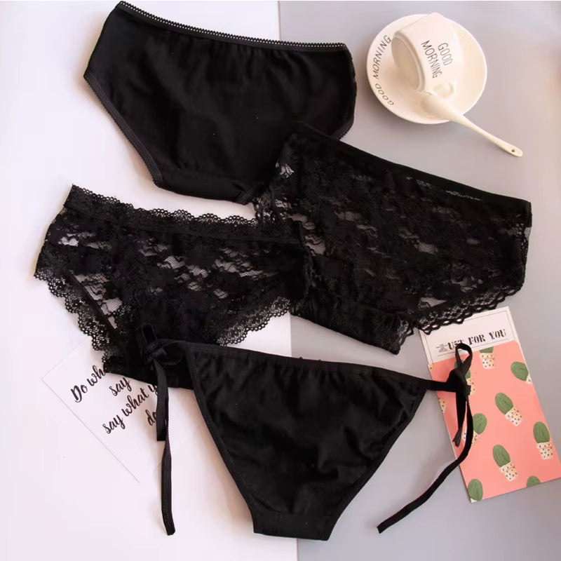 4Pieces/Lot Women Panties Cotton Sexy Lace Underpants Black White Gray 3Colors Bow-Knot Briefs Girls Soft Knickers