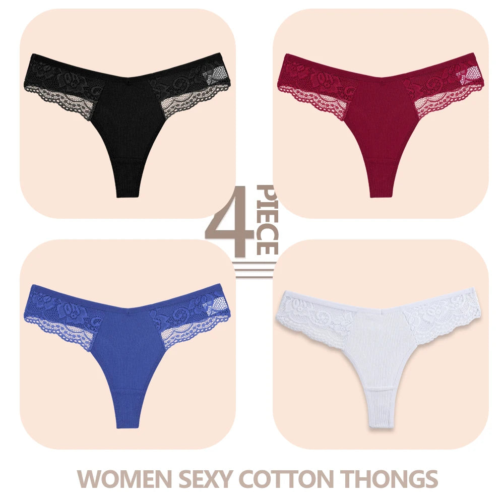 4-Pack Cotton Lace Thongs – Breathable V-Waist Comfort for Everyday Wear