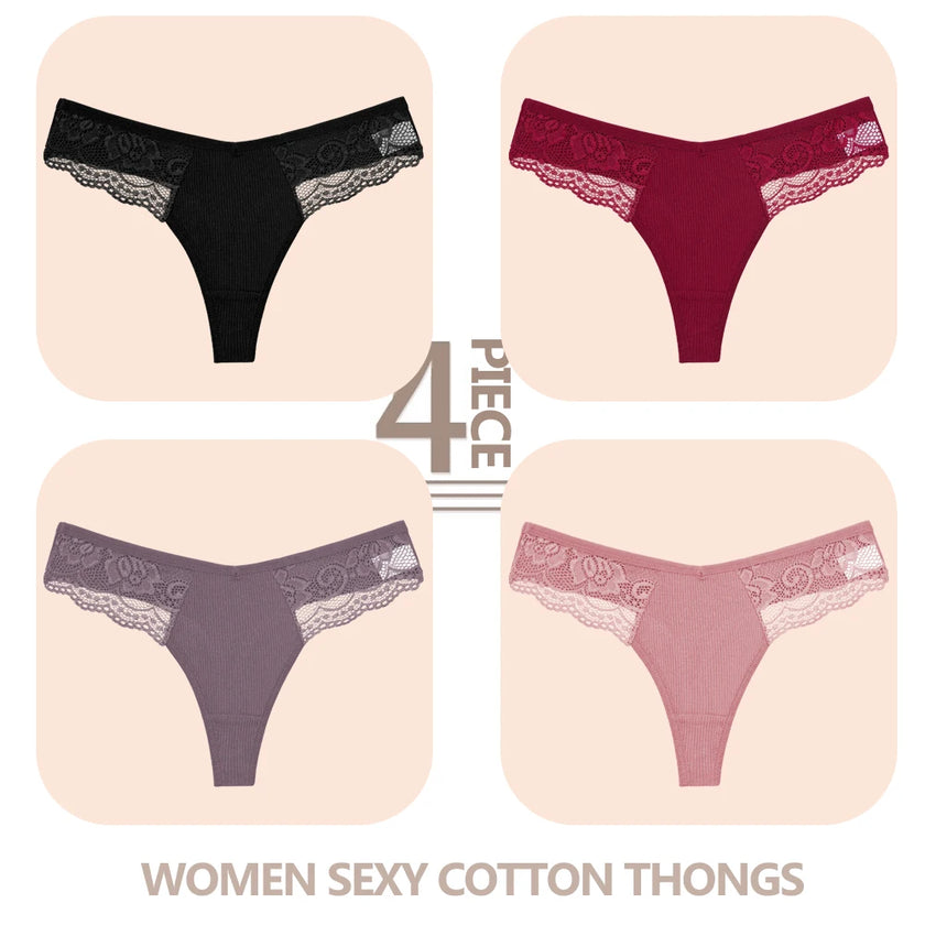 4-Pack Cotton Lace Thongs – Breathable V-Waist Comfort for Everyday Wear