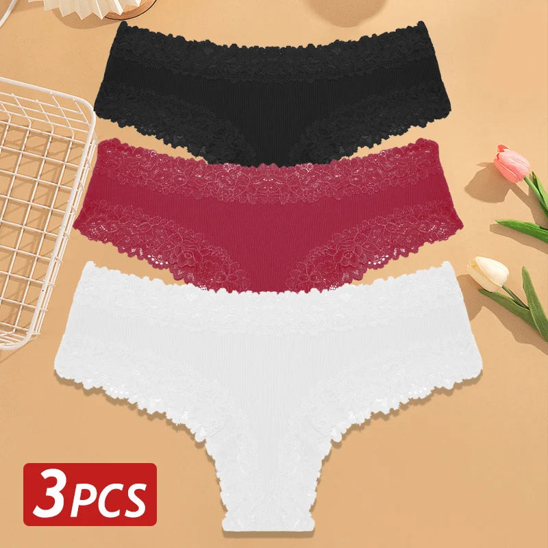 3-Pack Cotton Lace Brazilian Panties – Soft Low-Rise Everyday Comfort