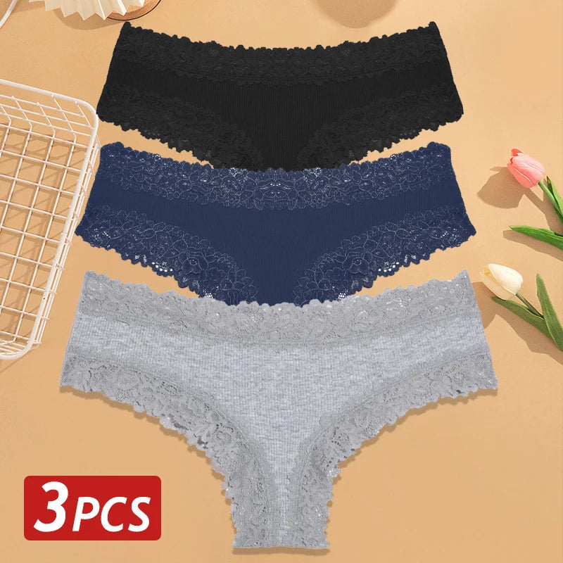 3-Pack Cotton Lace Brazilian Panties – Soft Low-Rise Everyday Comfort